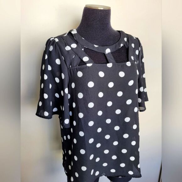 A.U.W. Polka Dot Blouse Black White Strappy Flounce Sleeve Teacher Office Medium - Picture 1 of 11